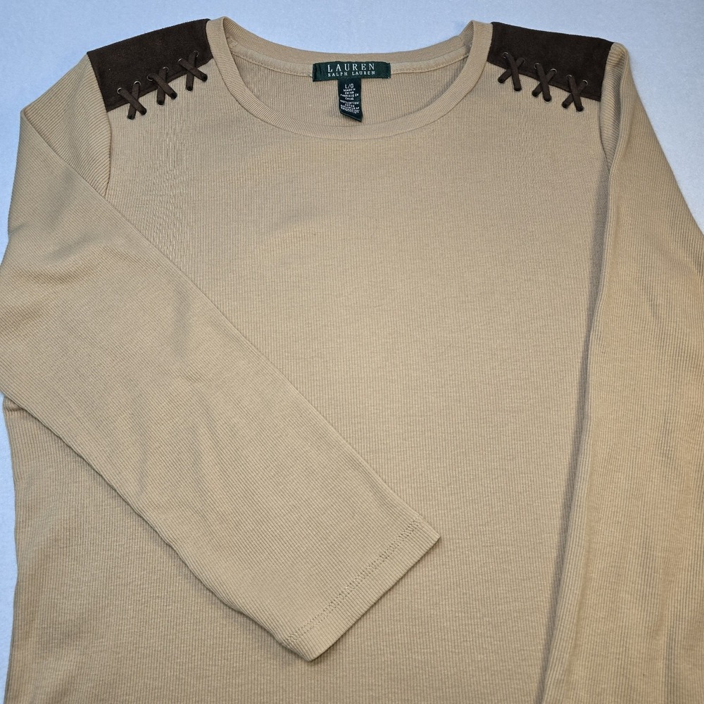 Lauren Ralph Lauren Top Large L Ribbed Knit Suede Lace Up Western Cowgirl Camel.